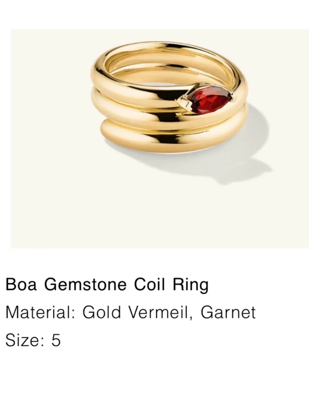 Boa Gemstone Coil Ring in Gold with Red Garnet size 5
